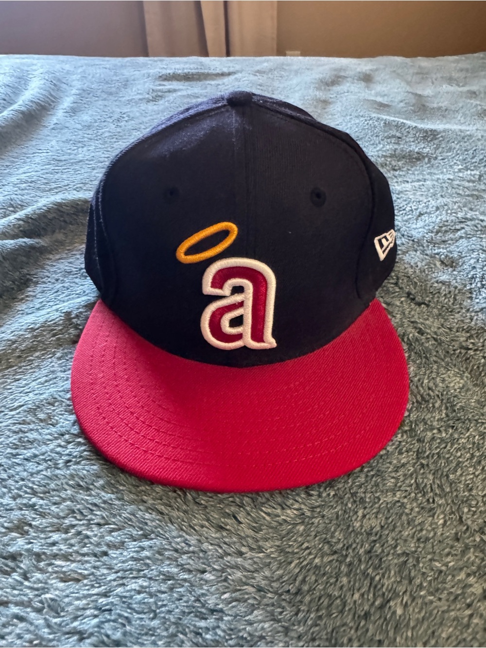 New Era Navy Hat with Red Brim and Yellow Halo 'a' Logo